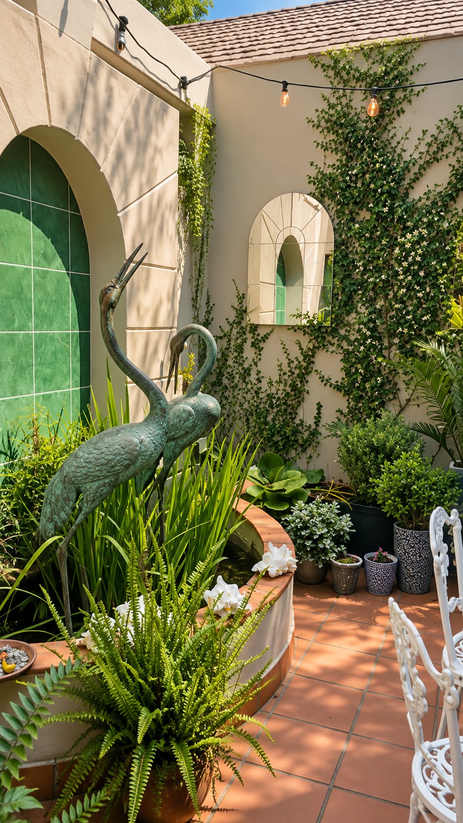 Garden courtyard with cranes
