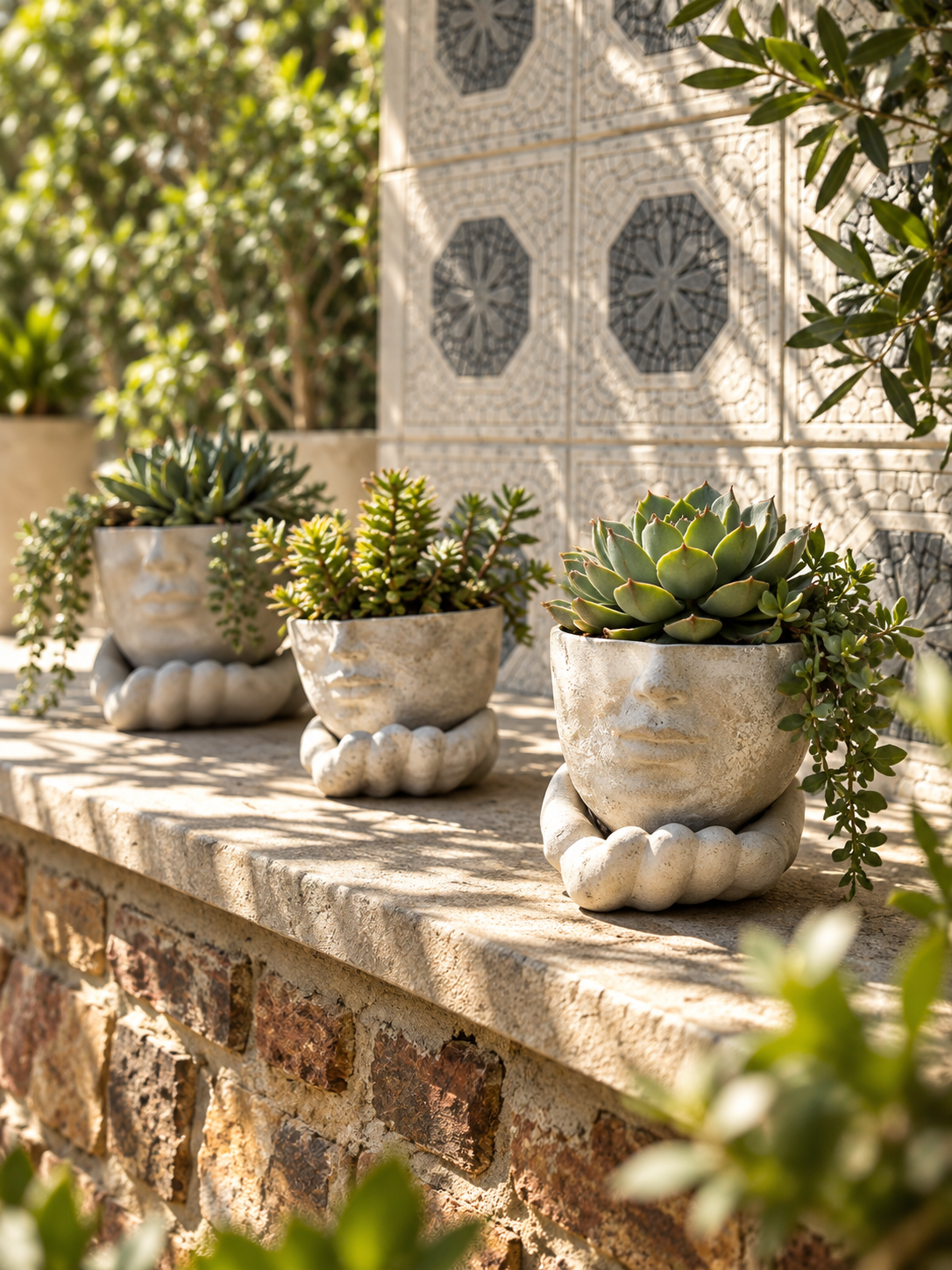 Plants beside a patterned garden wall